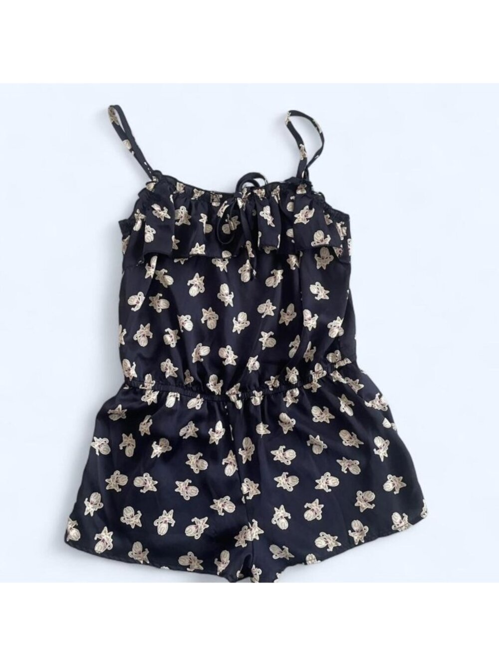Cartoon cat print navy satin romper jumpsuit‎ size S by Forever 21